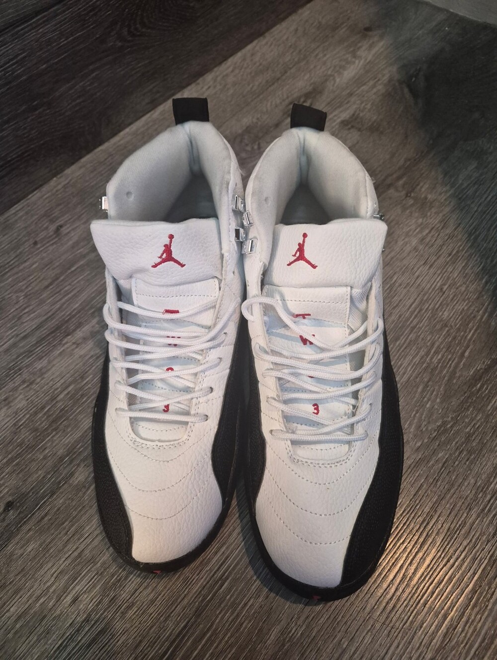 Jordan Men’s White Sneakers with Black Panels and Red Jumpman - Picture 8 of 10